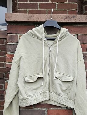 aerie Sage Green Knit Zip Hoodie Cropped